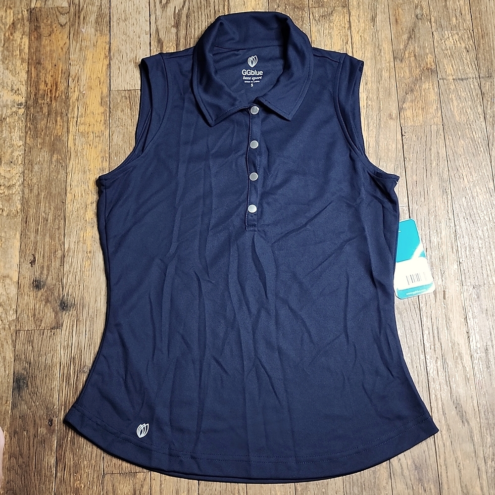 New! Navy Snap Button Sleeveless Leah Golf Polo Shirt